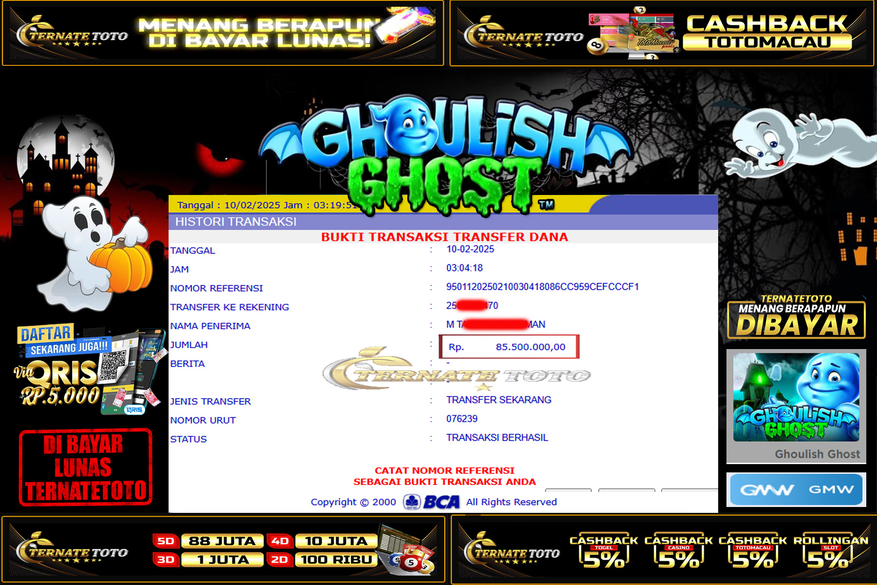 TERNATETOTO - JACKPOT SLOT GHOULISH GHOST Rp. 85,500,000,-